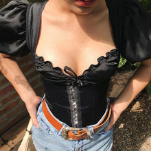 Load image into Gallery viewer, Puff Sleeve T-shirts Ladies Summer Short Sleeve Bandage Black White Slim Cropped Top Casual Elegant Bow Square Collar 2022 New