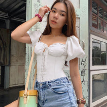 Load image into Gallery viewer, Puff Sleeve T-shirts Ladies Summer Short Sleeve Bandage Black White Slim Cropped Top Casual Elegant Bow Square Collar 2022 New