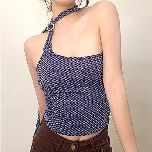 Purple Rhombus Plaid Halter Top Women Sexy Irregular Off Shoulder Crop Top Slim Camisole Party Top Bandage Clubwear 2022 New