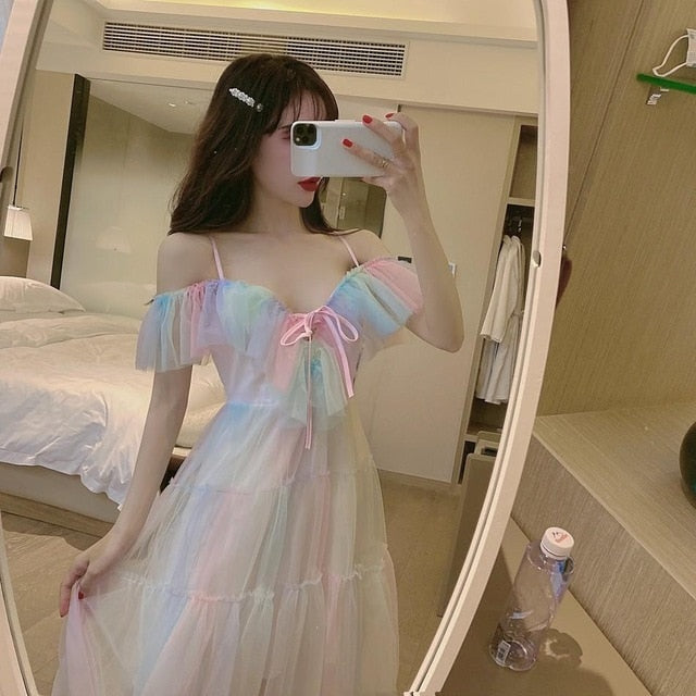 Rainbow Fairy Dress Women Elegant Sweet Party Dress Female Casual Sexy Patchwork Lace Chiffon Kawaii Dress Summer 2020 New