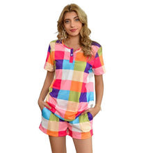 Load image into Gallery viewer, Rainbow Plaid Two-piece Set Home Women Pant Suit O-neck T Shirt Elastic Waist Sexy Shorts Summer Casual Streetwear Pants Suits
