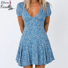 Load image into Gallery viewer, Rayon Blue Floral Print Women Dress Deep V-Neck Summer Ladies Short Sleeve A-Line Mini Dress Female Club Beach Wear Clothes
