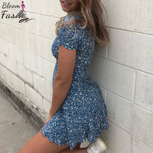 Load image into Gallery viewer, Rayon Blue Floral Print Women Dress Deep V-Neck Summer Ladies Short Sleeve A-Line Mini Dress Female Club Beach Wear Clothes