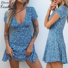 Load image into Gallery viewer, Rayon Blue Floral Print Women Dress Deep V-Neck Summer Ladies Short Sleeve A-Line Mini Dress Female Club Beach Wear Clothes