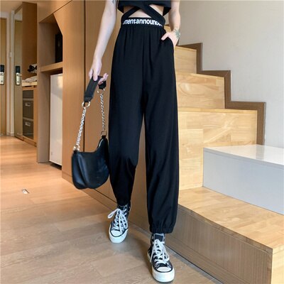 Real Shot Autumn New Loose Tappered Casual Pants for Women 2021 Korean Fashion High Waist Sport Trousers