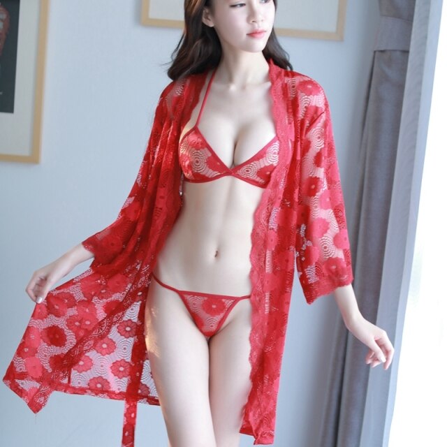 Red Sheer Robe With Bra Set Women Sleepwear Nightgowns Femme Lingerie Nighties Floral Bridesmaid Sexy Hot Erotic kimono Bathrobe