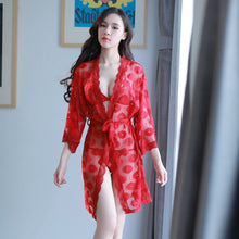 Load image into Gallery viewer, Red Sheer Robe With Bra Set Women Sleepwear Nightgowns Femme Lingerie Nighties Floral Bridesmaid Sexy Hot Erotic kimono Bathrobe