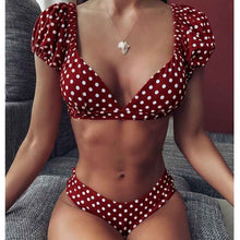 Load image into Gallery viewer, Red Short Sleeve Bikini Set 2021 New Sexy V Neck Swimsuit Women Swimwear Polka Dot Bikini Brazilian Bathing Suit Beachwear