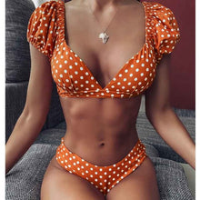 Load image into Gallery viewer, Red Short Sleeve Bikini Set 2021 New Sexy V Neck Swimsuit Women Swimwear Polka Dot Bikini Brazilian Bathing Suit Beachwear