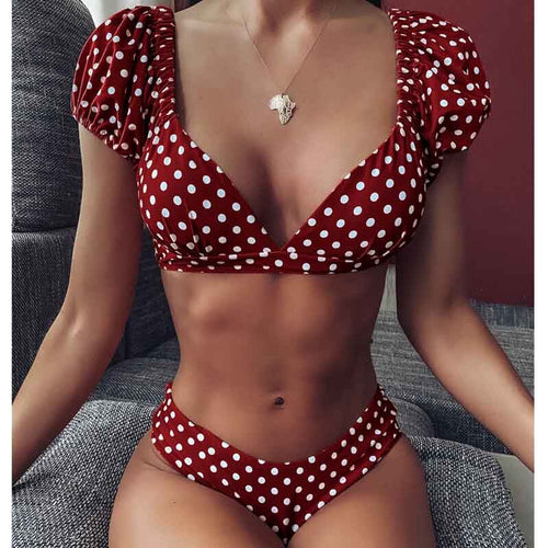 Red Short Sleeve Bikini Set 2021 New Sexy V Neck Swimsuit Women Swimwear Polka Dot Bikini Brazilian Bathing Suit Beachwear