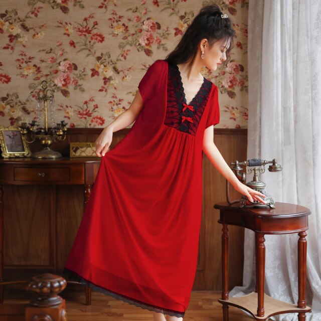 Red Vintage Nightgowns Palace Nighty Women Lace Bow Sexy Hot Erotic Bridesmaids Long Nightwear Elegant Homewear Sleeping Dress