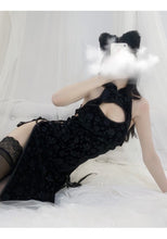 Load image into Gallery viewer, Retro Cheongsam Dress Chinese Sleepwear Side Lace Bandage Temptation Bedroom Nightdress Velvet Comfortable High Split Lingerie