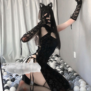Retro Cheongsam UniformHigh Slit  Chinese Sexy Underwear Lingerie Qipao Dress Female Embroidery Erotic Dresses Costume