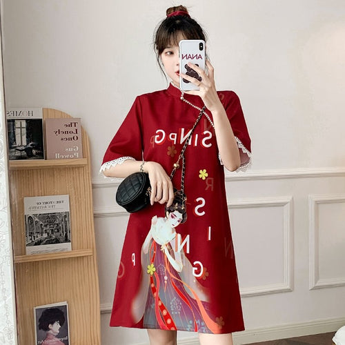 Retro Chinese Style Stand Collar Buckle Improved Cheongsam Women Summer Short Sleeve Vintage Loose Plus Size Mini Dress Female