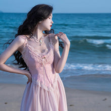 Load image into Gallery viewer, Retro French Style Pink Dress For Slim Lady Summer Jacquard Lace Spaghttti Strap Sexy Long Dresses Party Night Robe Rose Vestido