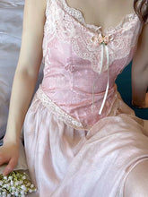 Load image into Gallery viewer, Retro French Style Pink Dress For Slim Lady Summer Jacquard Lace Spaghttti Strap Sexy Long Dresses Party Night Robe Rose Vestido