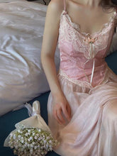 Load image into Gallery viewer, Retro French Style Pink Dress For Slim Lady Summer Jacquard Lace Spaghttti Strap Sexy Long Dresses Party Night Robe Rose Vestido