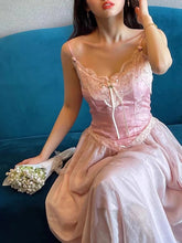 Load image into Gallery viewer, Retro French Style Pink Dress For Slim Lady Summer Jacquard Lace Spaghttti Strap Sexy Long Dresses Party Night Robe Rose Vestido