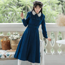 Load image into Gallery viewer, Retro Light Luxury Female Corduroy Dress Lace Stitching Chic Beade Lapel Elegant Temperament Dress Fall French Casual Maxi Dress