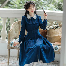 Load image into Gallery viewer, Retro Light Luxury Female Corduroy Dress Lace Stitching Chic Beade Lapel Elegant Temperament Dress Fall French Casual Maxi Dress