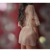 Load image into Gallery viewer, Retro Lolita Kimono Robe with Open Crotch Bodysuit Floral Ruffles Sleepwear Kawaii Lace Bow Sexy See Through Mesh Tulle Bathrobe