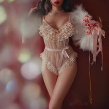 Load image into Gallery viewer, Retro Lolita Kimono Robe with Open Crotch Bodysuit Floral Ruffles Sleepwear Kawaii Lace Bow Sexy See Through Mesh Tulle Bathrobe