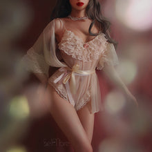 Load image into Gallery viewer, Retro Lolita Kimono Robe with Open Crotch Bodysuit Floral Ruffles Sleepwear Kawaii Lace Bow Sexy See Through Mesh Tulle Bathrobe