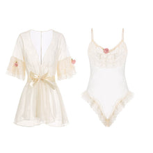 Load image into Gallery viewer, Retro Lolita Kimono Robe with Open Crotch Bodysuit Floral Ruffles Sleepwear Kawaii Lace Bow Sexy See Through Mesh Tulle Bathrobe