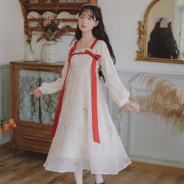 Retro Loose Chiffon Print Dresses Hanfu Women Bowknot Bandage Square Neck Puff Sleeve Chic Vestidos Chinese Style Hanfu Dress