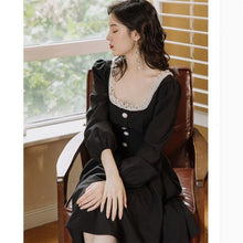 Load image into Gallery viewer, Retro Pearl Ruffled Little Red Dress Autumn New French Square Collar Dress Long Sleeve Temperament Hepburn Style Dress Suit