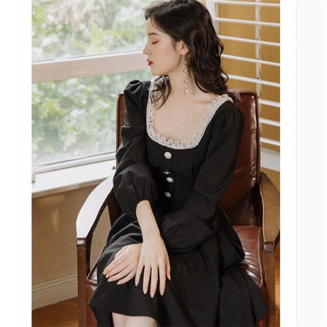 Retro Pearl Ruffled Little Red Dress Autumn New French Square Collar Dress Long Sleeve Temperament Hepburn Style Dress Suit