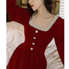 Load image into Gallery viewer, Retro Pearl Ruffled Little Red Dress Autumn New French Square Collar Dress Long Sleeve Temperament Hepburn Style Dress Suit