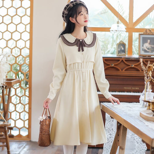 Retro Preppy Style Dress Female Chic Double Layer Doll Collar Cute Vestido Lady Single Breasted Korean Loose Lovely Midi Dress