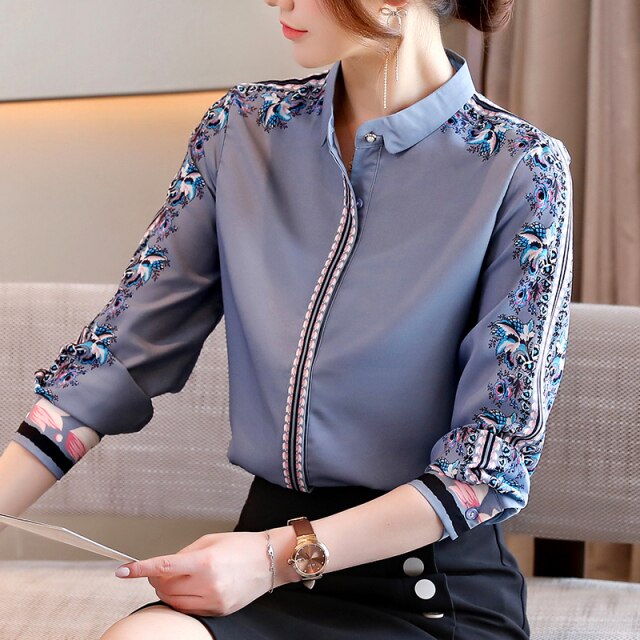 Retro Print Temperament Long-sleeved Tops New 2021 Spring Autumn Women's Shirt Elegant Slim Female Chiffon Blouse
