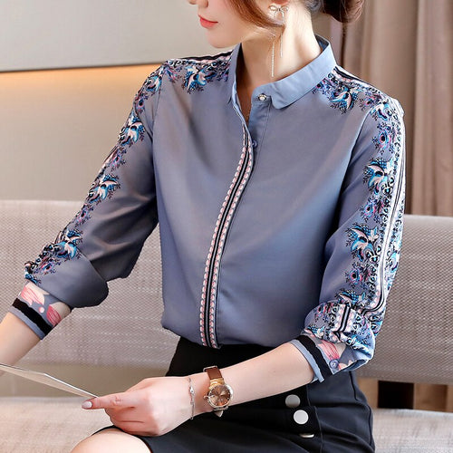 Retro Print Temperament Long-sleeved Tops New 2021 Spring Autumn Women's Shirt Elegant Slim Female Chiffon Blouse