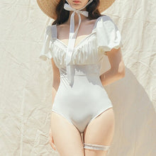 Load image into Gallery viewer, Retro Puff Sleeve Monokini Female Lace Bandage One Piece Swimsuit Sexy Push Up Beach Bodysuit Pleated Swimwear With Padded