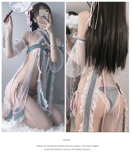 Retro Sexy Night Dress Net Gauze Perspective Temptation Classical Split Hanfu Maid Halloween Outfits for Women Cosplay Lingerie