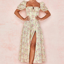 Load image into Gallery viewer, Retro Sexy Open Fork Floral Dress Women Designer Fit Chic Lace-up Puff Sleeve Midi Dress Casual Holiday Beach Summer Dress 2021
