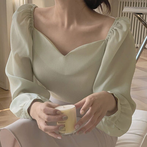 Retro Sweet Square Neck Elegant Shirt Women Loose Puff Sleeve Shirt Blouse Women Korean Style Chic Office Lady Blusas Mujer Moda