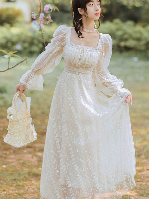 Retro White Lace Fairy Dress Woman Chic Vintage Dot Flare Sleeve Romantic Princess Dresses Vestido Festa Robe Blanche Femme