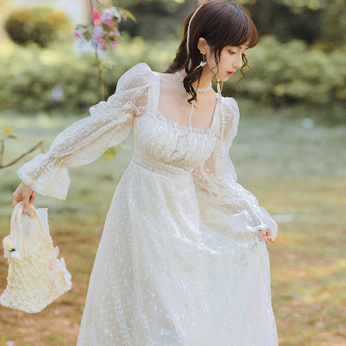 Retro White Lace Fairy Dress Woman Chic Vintage Dot Flare Sleeve Romantic Princess Dresses Vestido Festa Robe Blanche Femme