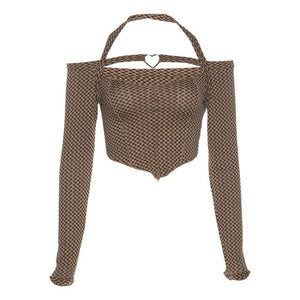 Rhombic Lash Neck Short Women Tops Irregular Slim Long Sleeve T-shirt Tees Hot Sexy Plaid Tops Korean 2022 Streetwear New