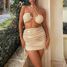 Load image into Gallery viewer, Ribbed Sexy Club Party Matching Sets 2 Piece Sets Drawstring Ruched Mini Skirt And Halter neck Bra Top Set Womens Outfits