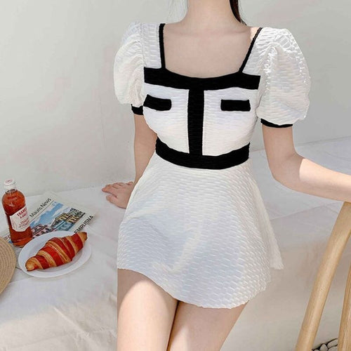 Ribbed Swimwear Women White Korean Style Swimdress Short Sleeve Skirt One Piece Bathing Swimming Suit Push Up Beachwear Black