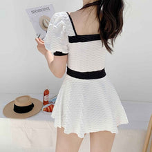 Load image into Gallery viewer, Ribbed Swimwear Women White Korean Style Swimdress Short Sleeve Skirt One Piece Bathing Swimming Suit Push Up Beachwear Black