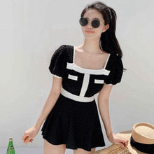 Load image into Gallery viewer, Ribbed Swimwear Women White Korean Style Swimdress Short Sleeve Skirt One Piece Bathing Swimming Suit Push Up Beachwear Black