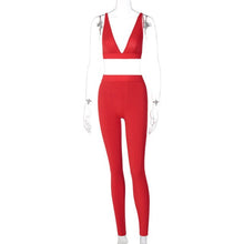 Load image into Gallery viewer, Ribbed Women 2 Pieces V Neck Bra Leggings Set Crop Top Matching Co Ords Autumn Winter Clothes Sporty Tracksuit Club