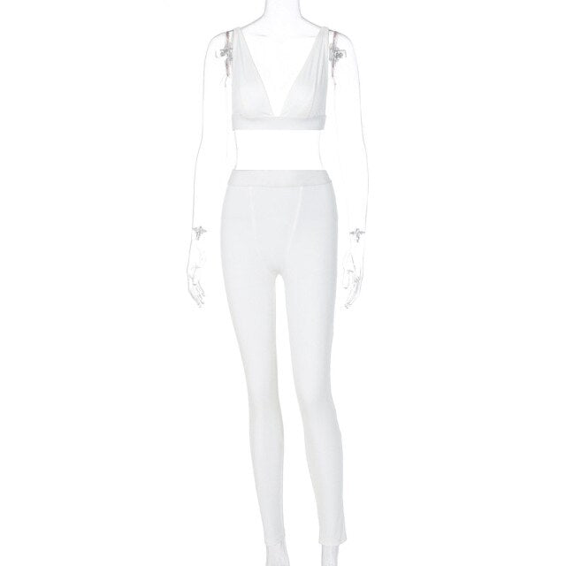 Ribbed Women 2 Pieces V Neck Bra Leggings Set Crop Top Matching Co Ords Autumn Winter Clothes Sporty Tracksuit Club