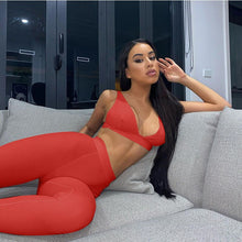 Load image into Gallery viewer, Ribbed Women 2 Pieces V Neck Bra Leggings Set Crop Top Matching Co Ords Autumn Winter Clothes Sporty Tracksuit Club