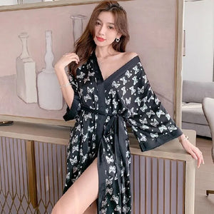 Robe Night Dress Women Sleepwear Woman Silk Short-Sleeved Sexy Robe Korean Fashion Butterfly Print Large Size Loose Home Wear